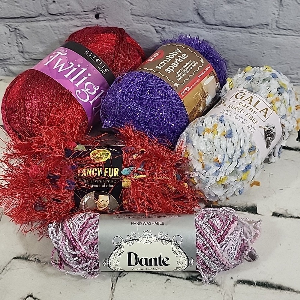 Fancy Fur Fluffy Wispy Eyelash Yarn Lot Of‎ 5 Mixed Styles Red Purple Confetti